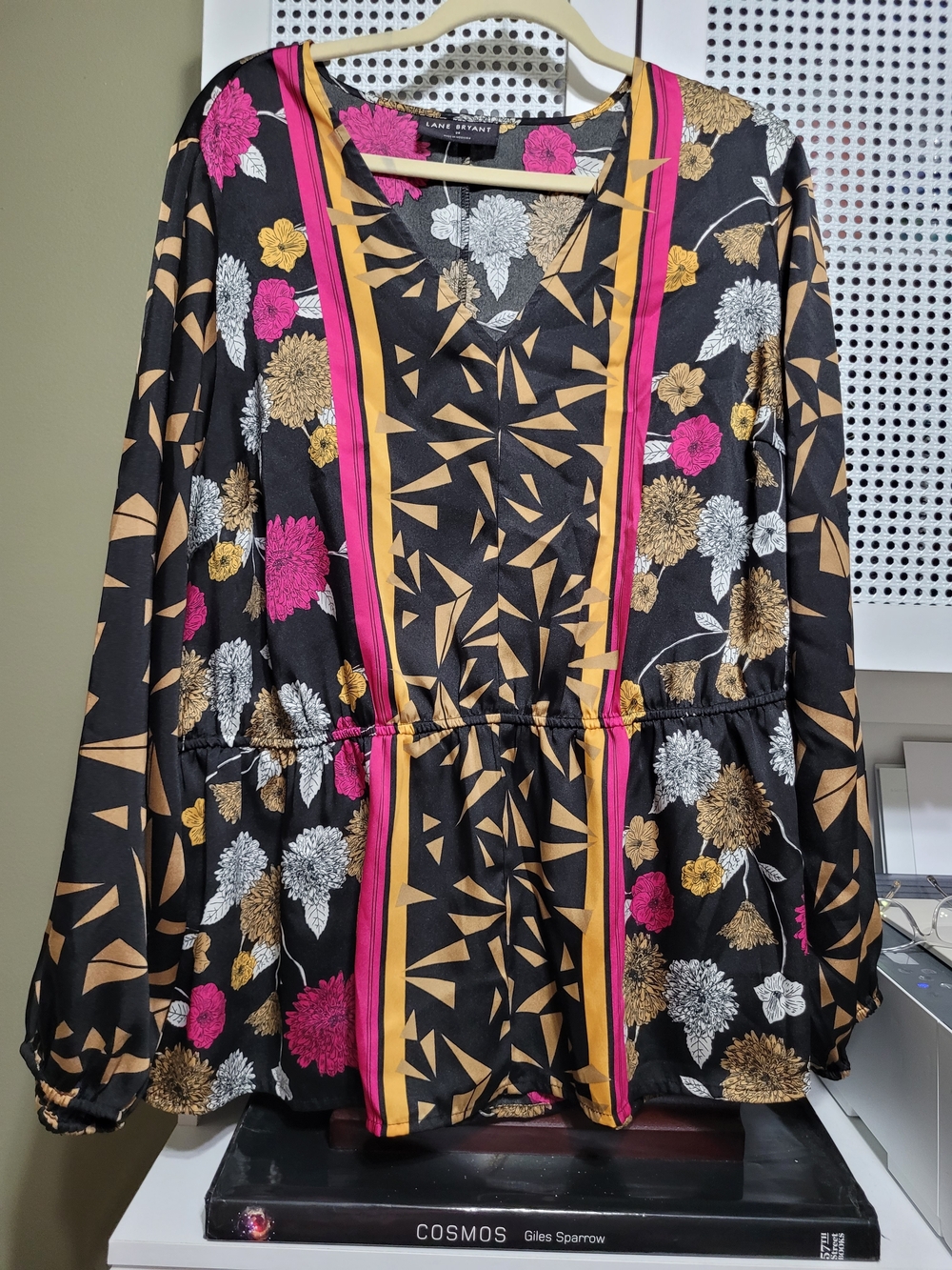 Lane Bryant Black Floral Geometric Peplum Top with Pink & Gold Accents